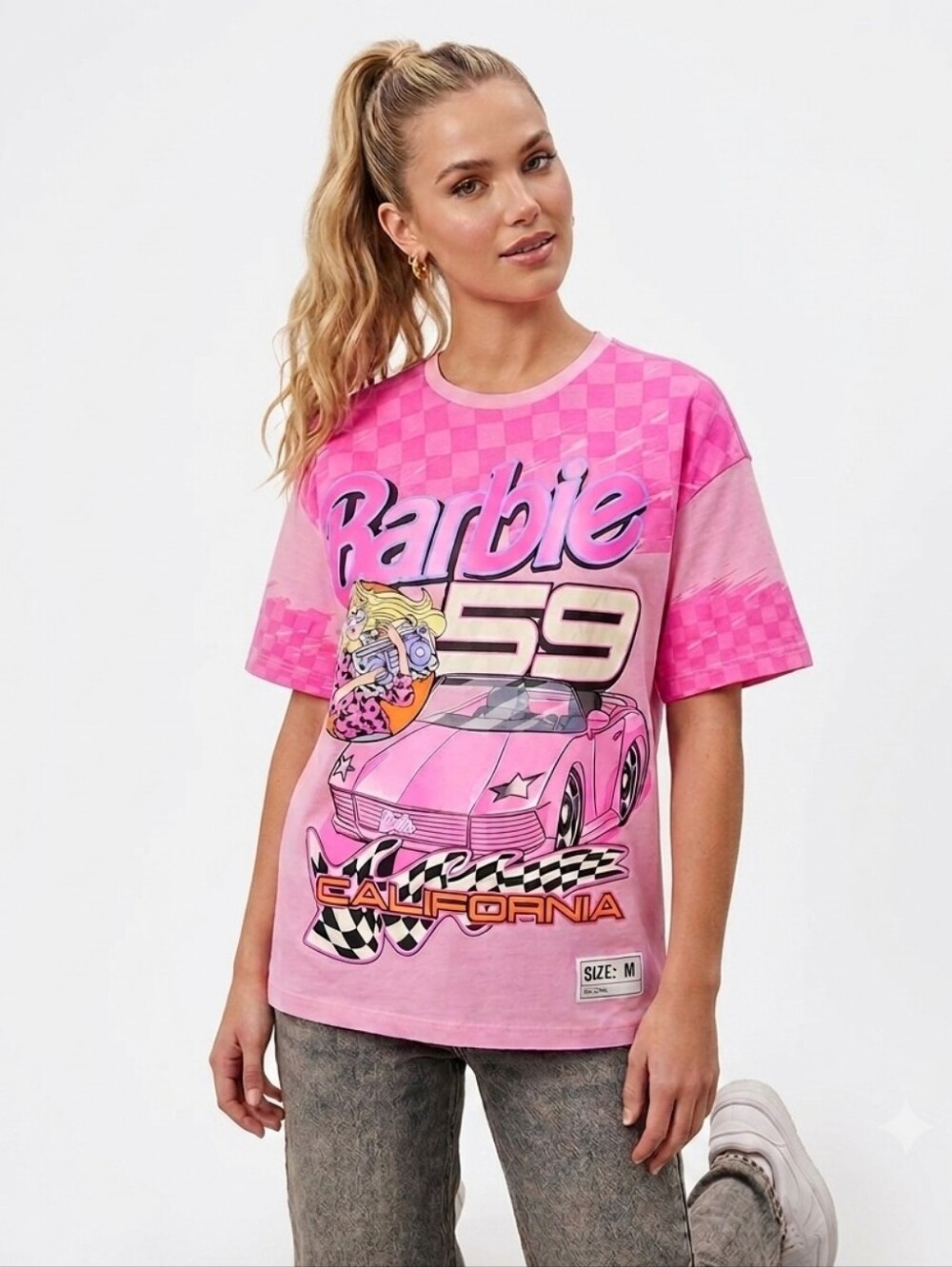 California Barbie Pink Retro Graphic Racing Tee Sz M